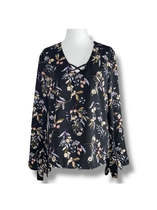 Dex Tops - Dex Bell Sleeve Blouse V-Neck Black Floral